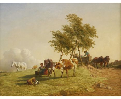 Henry Brittan Willis RWS (1810-1884)A PASTORAL SCENE WITH A MILKMAID AND CATTLE, A BOY PLAYING WITH A PUPPY AND A HORSE-DRAWN