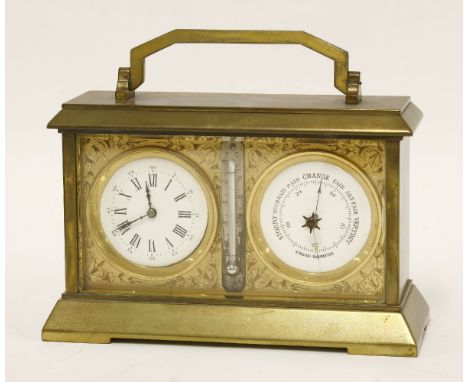 A combination clock and barometer desk stand,late 19th century, centred with a thermometer, 19.5cm wide16cm high to top of ha