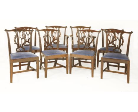 A set of eight Chippendale-style mahogany dining chairs, 20th century, each with pierced and scroll carved splat back, over d