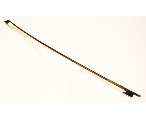 A nickel-mounted violin bow,stamped 'Dodd' on the shaft, round stick of rich brown colour, partially haired,74cm long, 54g