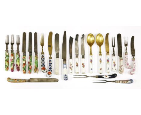 Twenty-three items of ceramic-handled cutlery, comprising: thirteen knives, eight forks and two spoons, including three pairs
