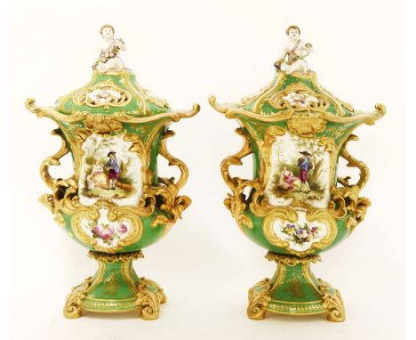 A pair of Minton 'New Vases' and covers,c.1835, model no. 219, painted with titled panels of the four seasons, with underglaz