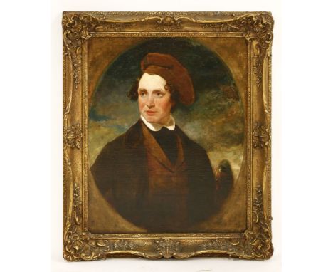 Scottish School, c.1830PORTRAIT OF AN ARTIST, HALF LENGTH, IN A BROWN COAT AND RED BERET, HOLDING A PALETTE Oil on canvas, pa