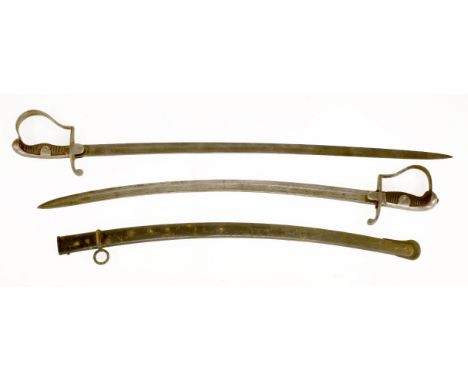 Two British cavalry swords,1796 pattern, with stirrup hilts, one with scabbard, one stamped ‘1928’. 89 and 100cm overall (2)