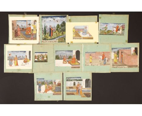 Twelve Indian miniatures,early 19th century, each with figures, some with original Urdu descriptions, apparently cut from a m
