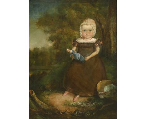 English School, mid-19th centuryPORTRAIT OF A CHILD, FULL LENGTH SEATED, IN A BROWN DRESS AND WHITE LACE BONNET AND HOLDING A