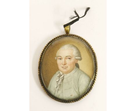 English School, late 18th centuryPORTRAIT OF A GENTLEMAN, BUST LENGTH, IN A GREY COATMiniature on ivory, oval64 x 55mm, the b