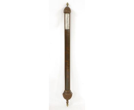 A mahogany cased barometer,with convex front and silvered register plates, the scale adjusted by turning the brass finial,107