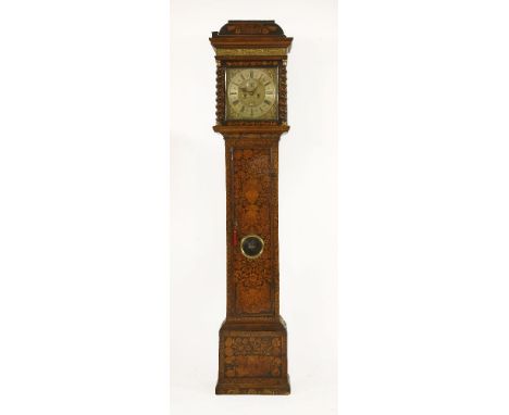 A longcase clock,  the modern marquetry case with 11 3/4 inch brass dial, inscribed 'Thomas Johnson, London' with ringed wind