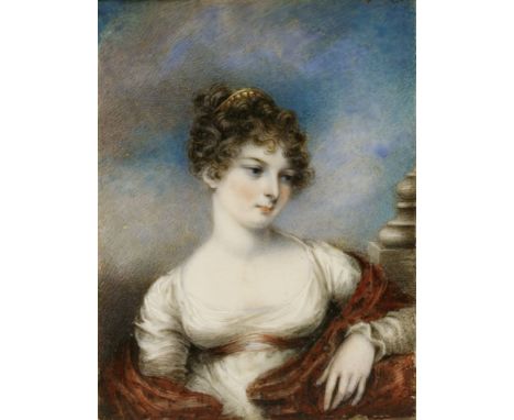 English School, early 19th centuryPORTRAIT OF MISS CHARLOTTE TALBOT, HALF LENGTH, IN A WHITE DRESS AND CRIMSON WRAPMiniature 