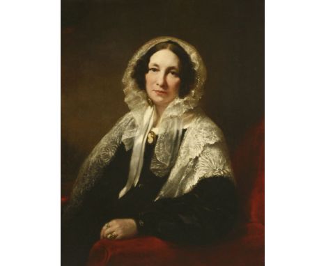 Circle of Henry William Pickersgill RA (1782-1875)PORTRAIT OF A LADY, HALF LENGTH SEATED, IN A BLACK DRESS AND WHITE LACE BON