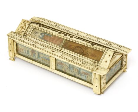A Napoleonic bone prisoner of war dominoes box,the arched sliding top with four painted figural panels, one missing, within c