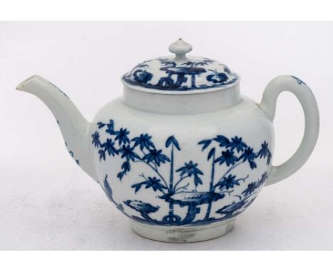 An early Worcester blue and white teapot and cover: of globular form, the cover with mushroom shaped knop, painted in the 'Ba