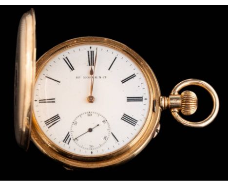 H. Moser &amp; Cie. A '14K' stamped engine turned hunter pocket watch: no. 29635 the white enamelled dial with Roman numerals