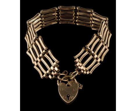 A 9ct gold five-bar, gate-link bracelet with heart-shaped padlock clasp: approximately 22gms gross weight. 