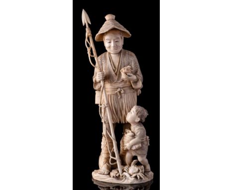 A large Japanese carved sectional ivory figure of a fisherman and son: the smiling man holding a fishing spear and conch shel