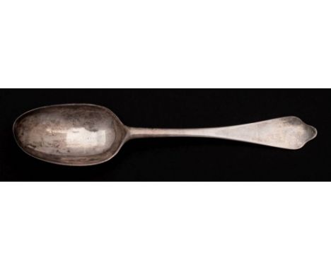 A Queen Anne silver Dog Nose pattern table spoon, maker Benjamin Watts, London, 1708: initialled, the oval bowl with plain ra