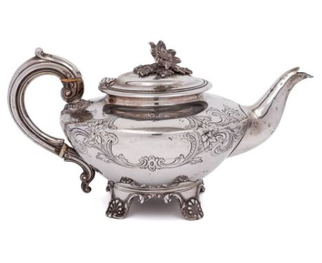 A Victorian silver teapot, maker Richard Pearce &amp; George Burrows, London, 1837: of squat globular form with engraved foli