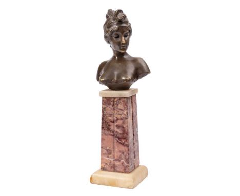 After Emmanuele Villanis, a bronze female bust : mounted on a polished marble plinth base, overall height 25.5cm. high.