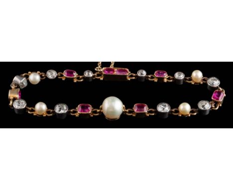 A ruby, diamond and pearl mounted bracelet: of graduated round old, brilliant-cut diamonds estimated to weigh a total of 1.5c