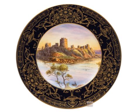 A Royal Worcester cabinet plate: painted by Harry Ayrton with a view of Pembroke Castle within a gilded deep blue border, sig