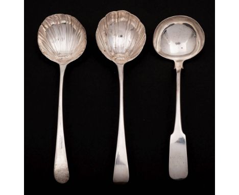 A George III silver Fiddle pattern sauce ladle, unknown maker, Dublin, 1808: together with two Old English pattern sauce ladl