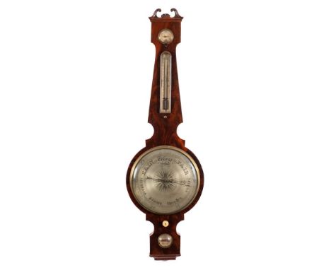 Frederick Leoni, Andover, a mahogany wheel barometer: the twelve-inch round silvered dial having a blued steel hand and brass