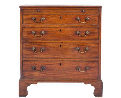 A George III mahogany rectangular chest:, of small size, the top with a moulded edge, fitted with a slide and containing four