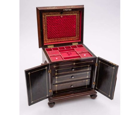 A Victorian rosewood and mother-of-pearl inlaid table top vanity cabinet: with shallow domed hinged top with a pair of plain 