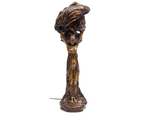 Zsolnay Pecs, an Art Nouveau influence bronze figural table lamp: the female figure lifting a robe above her head to reveal h