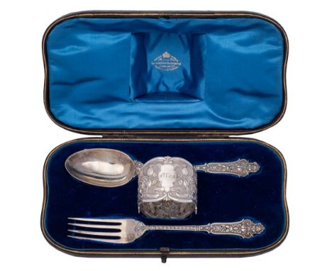 A late Victorian silver three-piece christening set, maker Goldsmiths &amp; Silversmiths Co, London, 1896: initialled and ins