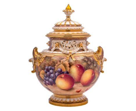 A Royal Worcester pot-pourri vase and cover: painted  with apples, peaches, grapes and blackberries on a mossy ground, signed