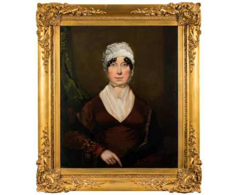 English School 19th Century - Portrait of a lady,:- half-length seated, wearing a silk bonnet and scarf with a pearl brooch, 