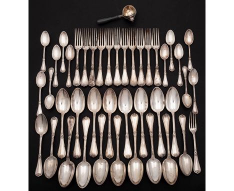 A French silver part flatware service: monogrammed, includes eleven table forks, a dessert fork, fifteen tablespoons, three d