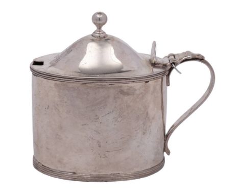 A George III silver mustard pot and cover, maker John Emes, London, 1799: initialled, of plain oval outline with reeded borde