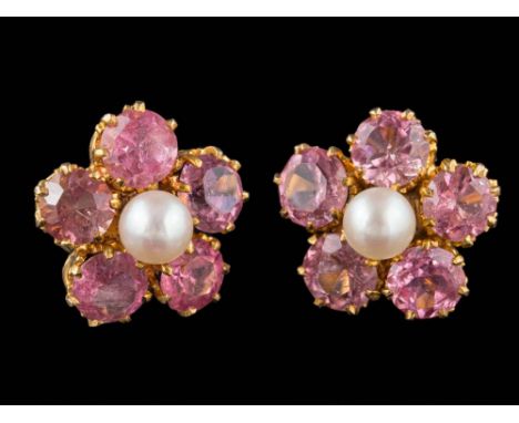 A pair of pink tourmaline and seed pearl-set floral cluster earrings: each with a single, cultured pearl within a surround of