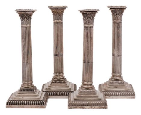 A near matching set of four Victorian silver Corinthian column candlesticks, maker Hawksworth, Eyre &amp; Co Ltd, Sheffield, 