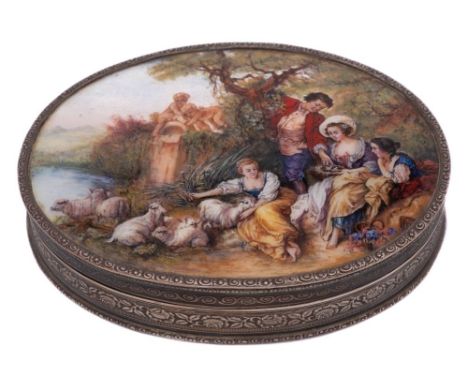 A Continental silver and enamel box, bears import marks for Steinhart &amp; Co, Birmingham, 1926: of oval outline with engine
