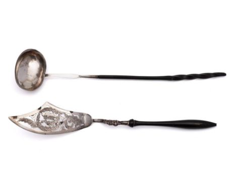 A Georgian silver toddy ladle, all marks rubbed and worn: mounted on a spiral twist whalebone handle, 37cm. long, together wi
