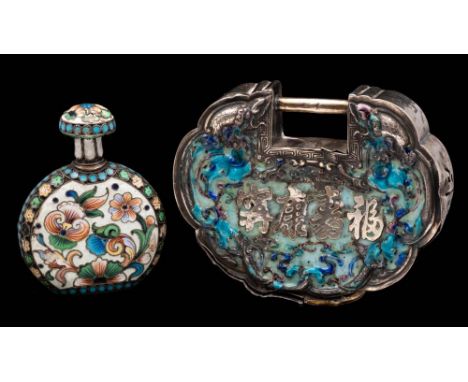 A Chinese silver and enamel lock: of cartouche-shaped outline, 8.5cm. wide, together with Chinese champleve and silver snuff 