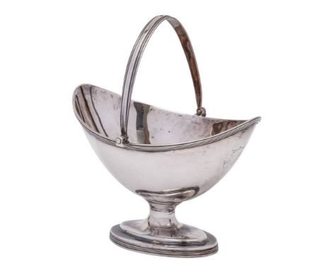 A George III silver swing-handled pedestal basket, maker William Abdy, London, 1801: of navette-shaped outline with reeded ha