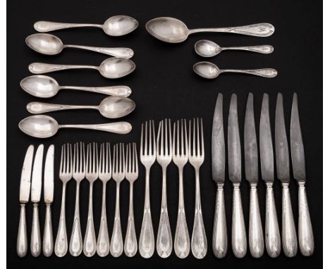 A German silver part flatware service: initialled, includes four table forks, six dessert forks, tablespoon, six dessert spoo