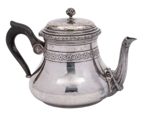 A French silver teapot: of squat globular form, with banded floral decoration, 17cm. long, 407gms, 13.11ozs.
