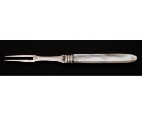 A late George III silver folding fruit fork, unknown maker, circa 1810: with mother-of-pearl handle, 14.5cm. extended.