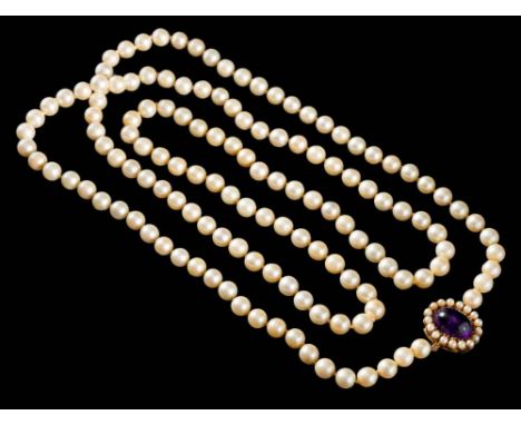 A long cultured pearl, single-string necklace: each cultured pearl approximately 7mm diameter and on cabochon amethyst and se