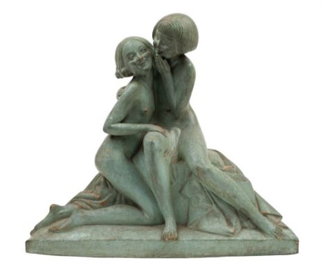 A French Art Deco bronze patinated terracotta group: of two playful Nymphs seated on drapery, signed Ch.Raphael, Peyre, 42cm 