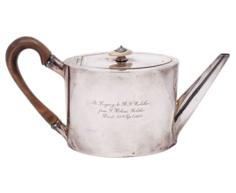 A George III silver teapot, maker's mark overstruck, London, 1796: inscribed, of plain oval outline, 27cm. long, 384gms, 12.3