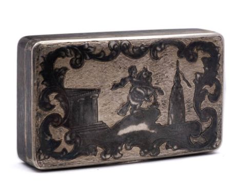 An Imperial Russian silver and niello inlaid snuff box, assay master Andrei Kovalsky, Moscow, 1849: of rectangular outline in