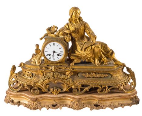 A large French gilt-metal mantel clock: the eight-day duration movement striking the hours and half-hours on bell with an out