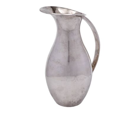 A Mexican sterling silver wine ewer, stamped marks: of ovoid outline with slender curved handle, 23cm. high, 552gms, 17.74ozs